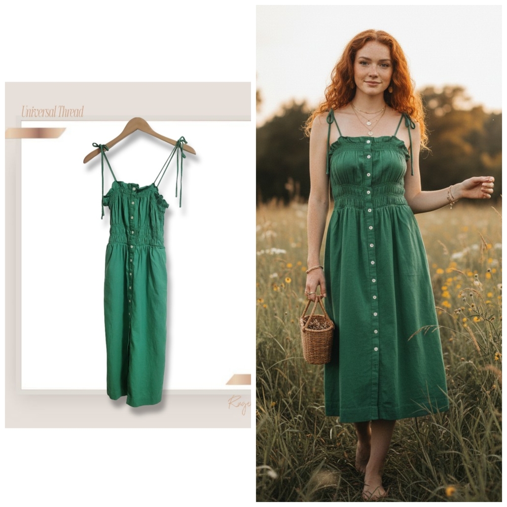 Universal Thread Green Linen Blend Button Front M… - image 1